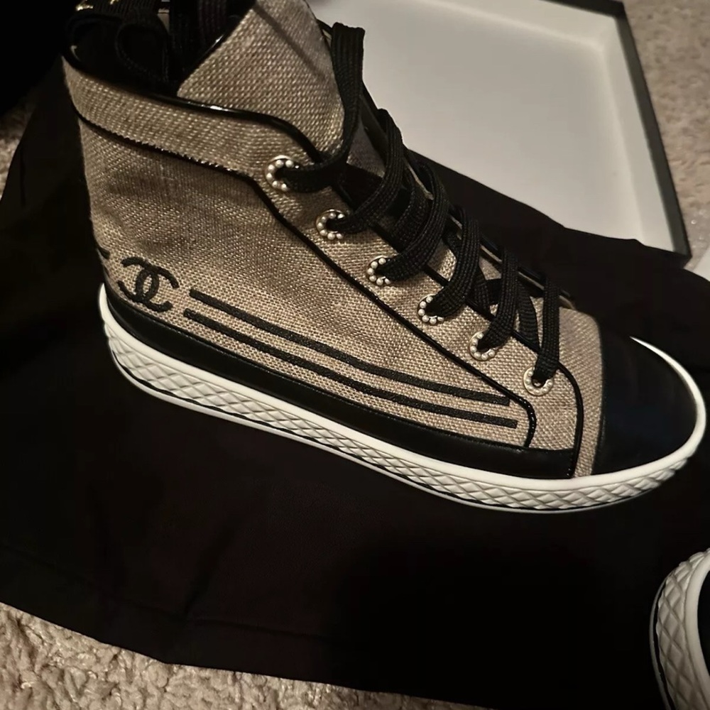 Chanel Black and Tan High-Top Sneakers with Canvas Upper